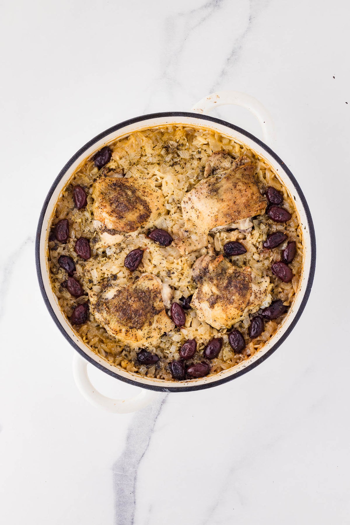 One Skillet Greek Chicken Thighs & Orzo