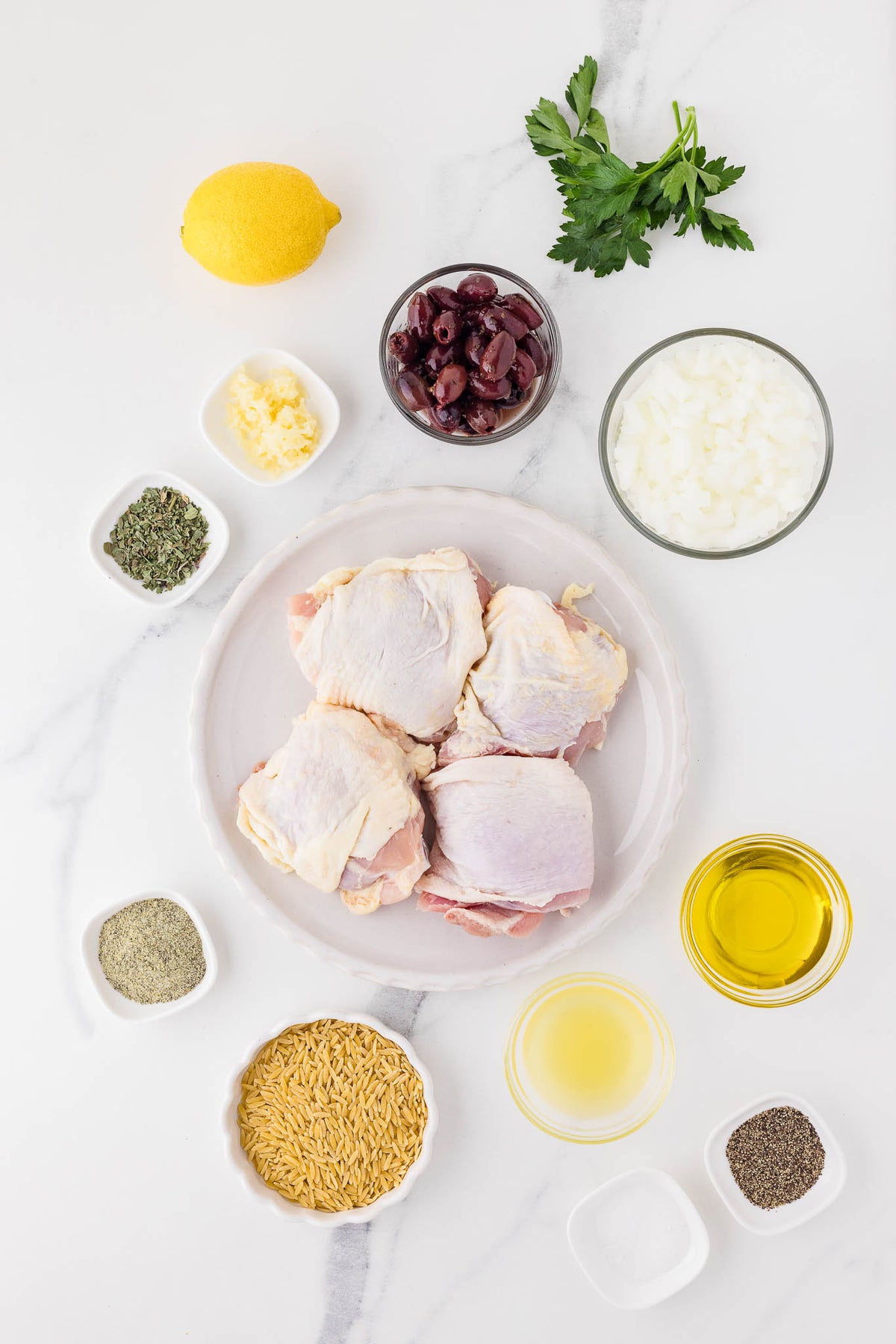 One Skillet Greek Chicken Thighs & Orzo