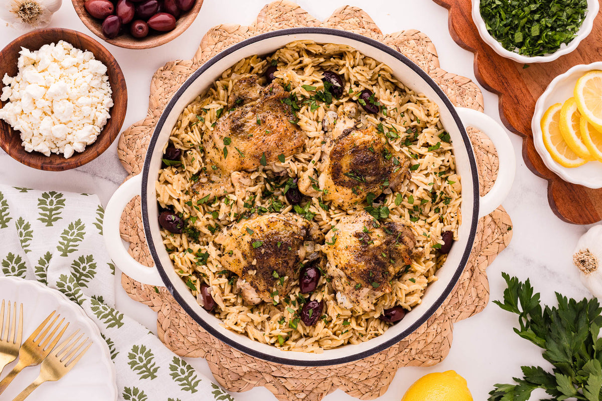 One Skillet Greek Chicken Thighs & Orzo