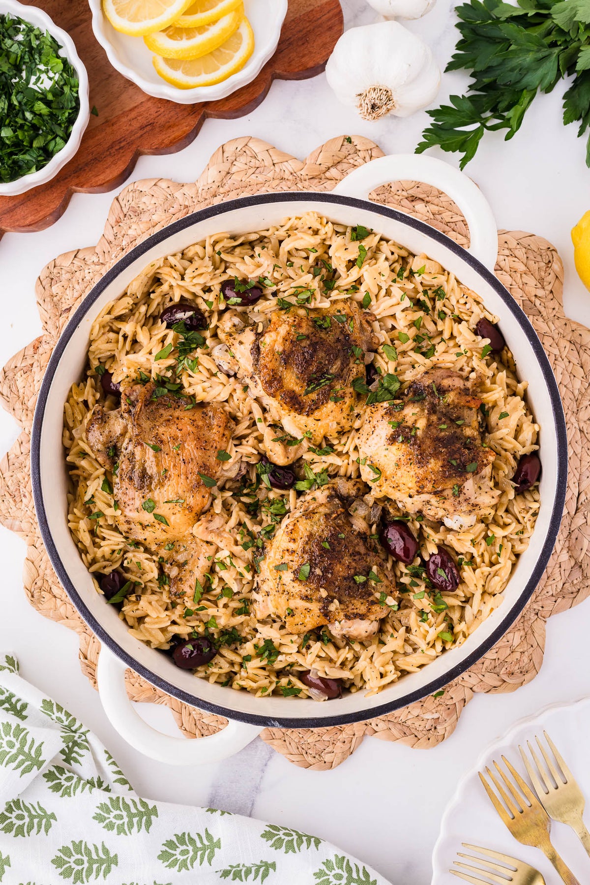 One Skillet Greek Chicken Thighs & Orzo