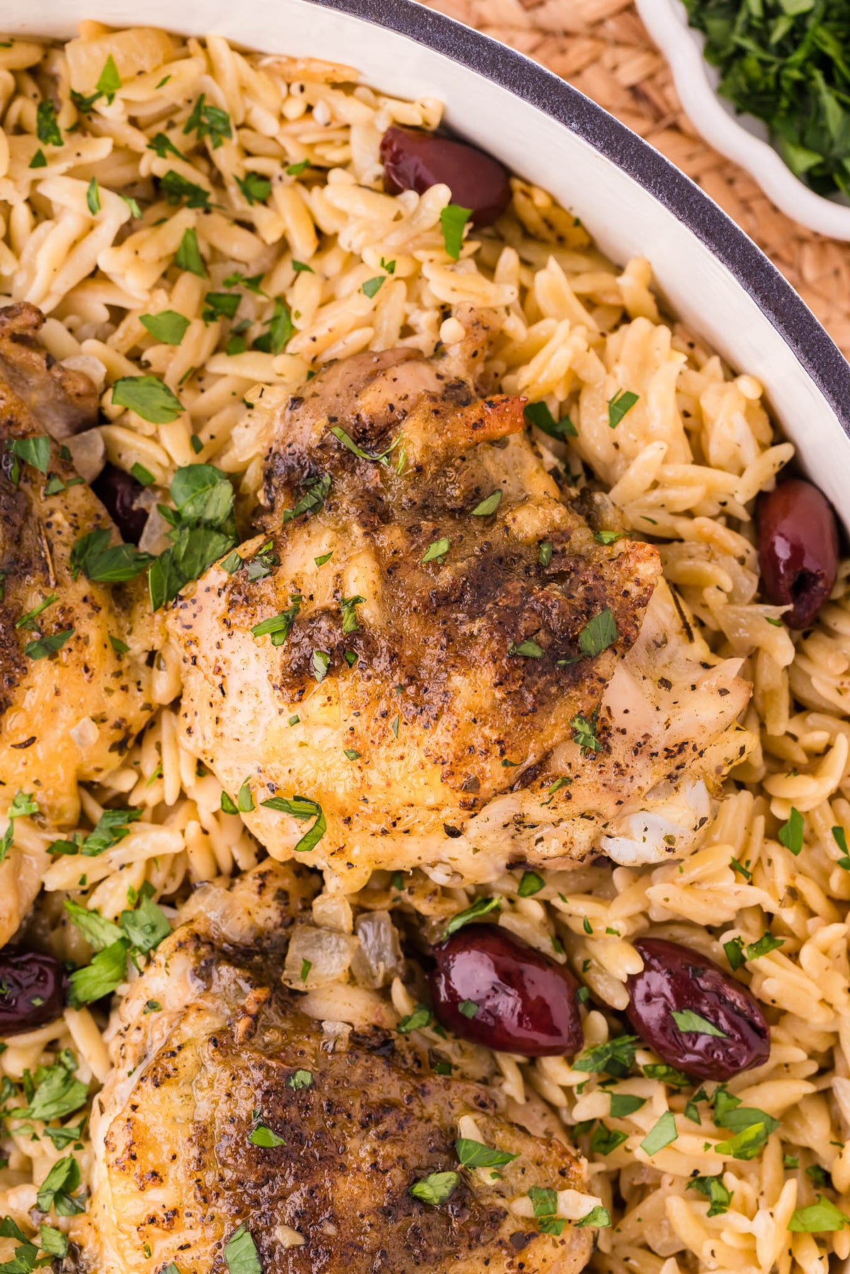 One Skillet Greek Chicken Thighs & Orzo