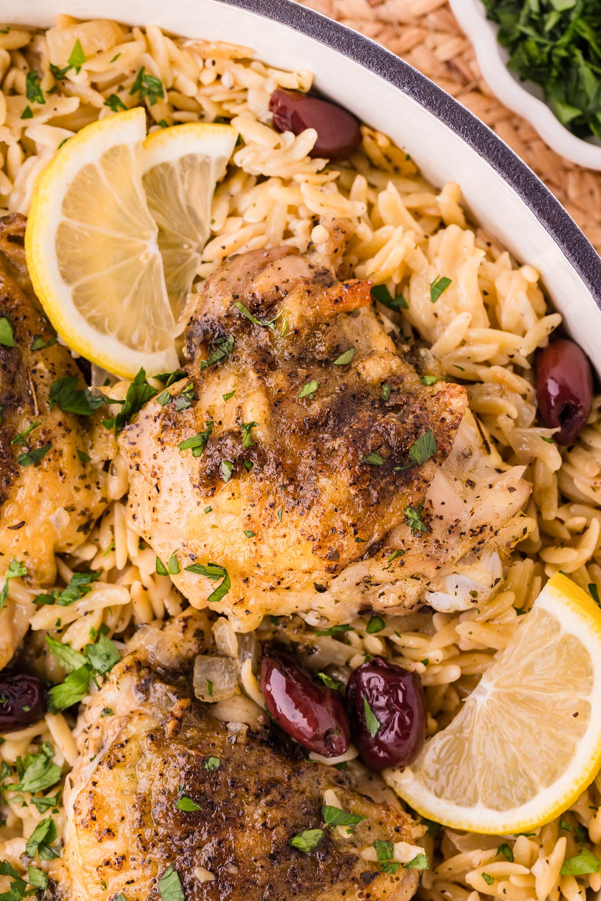 One Skillet Greek Chicken Thighs & Orzo