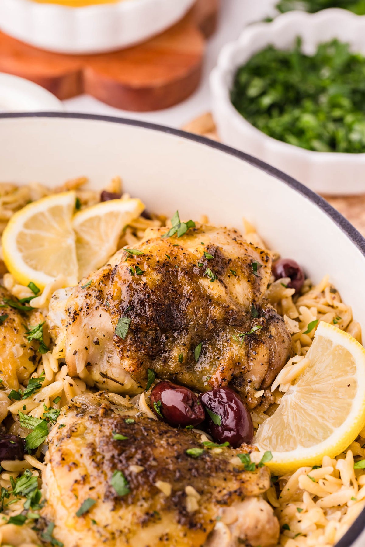 One Skillet Greek Chicken Thighs & Orzo