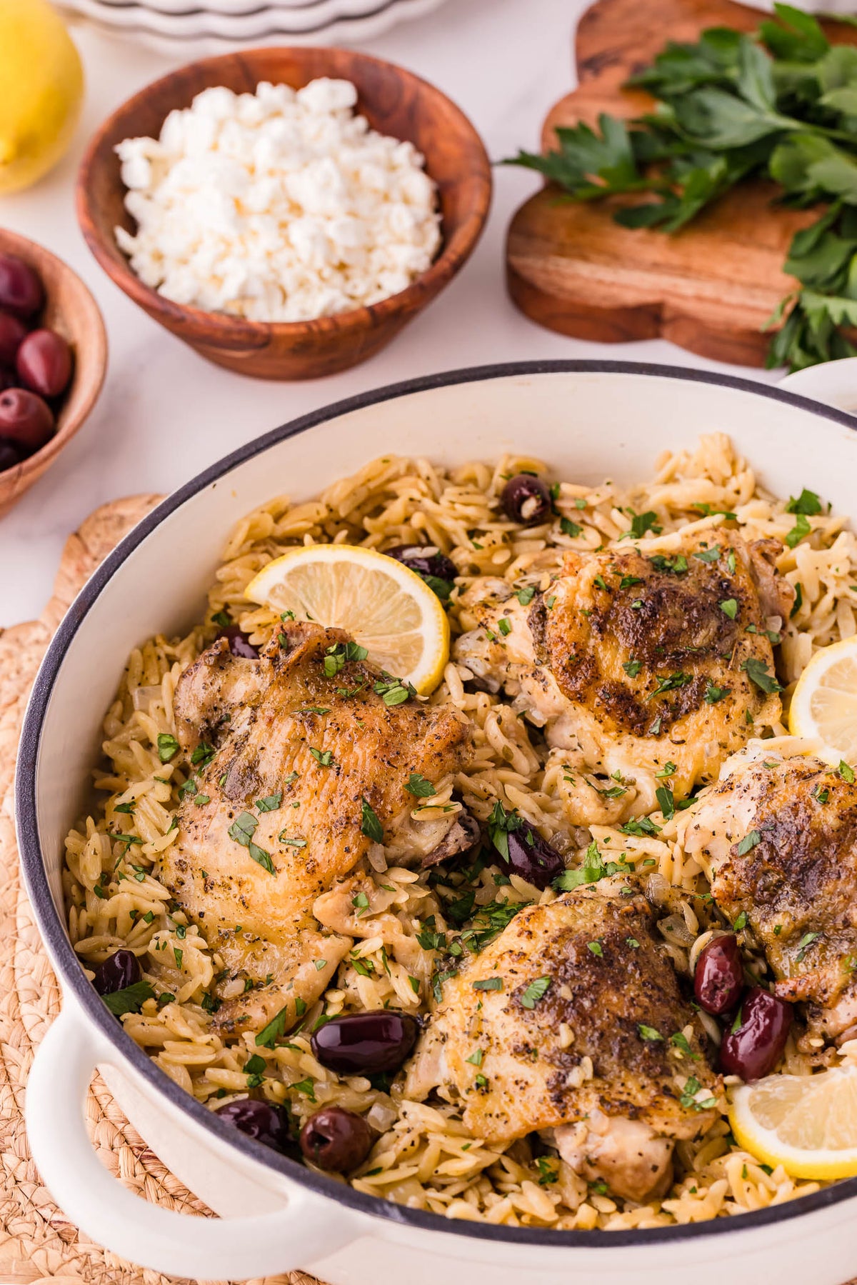 One Skillet Greek Chicken Thighs & Orzo