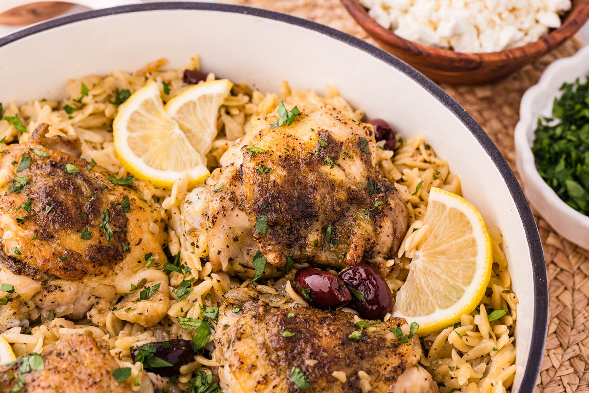 One Skillet Greek Chicken Thighs & Orzo