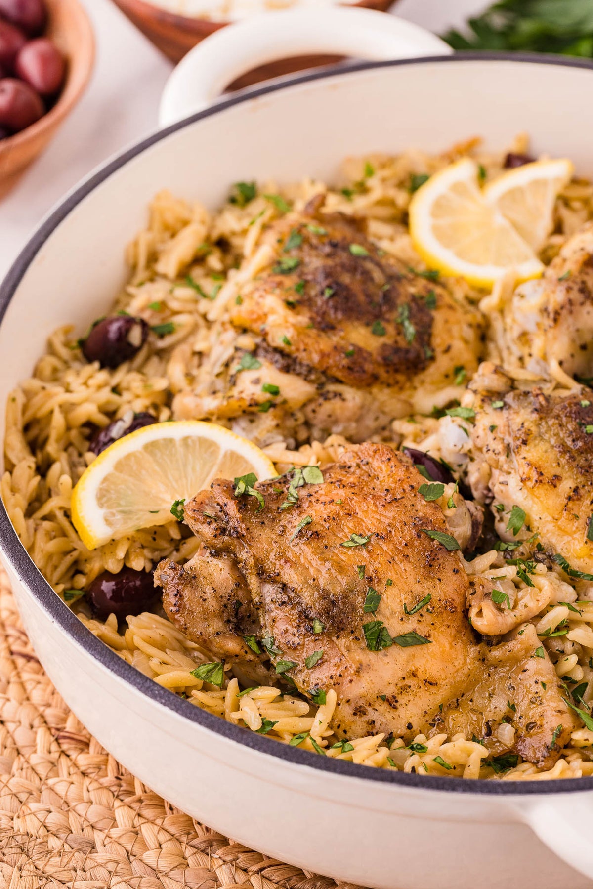 One Skillet Greek Chicken Thighs & Orzo