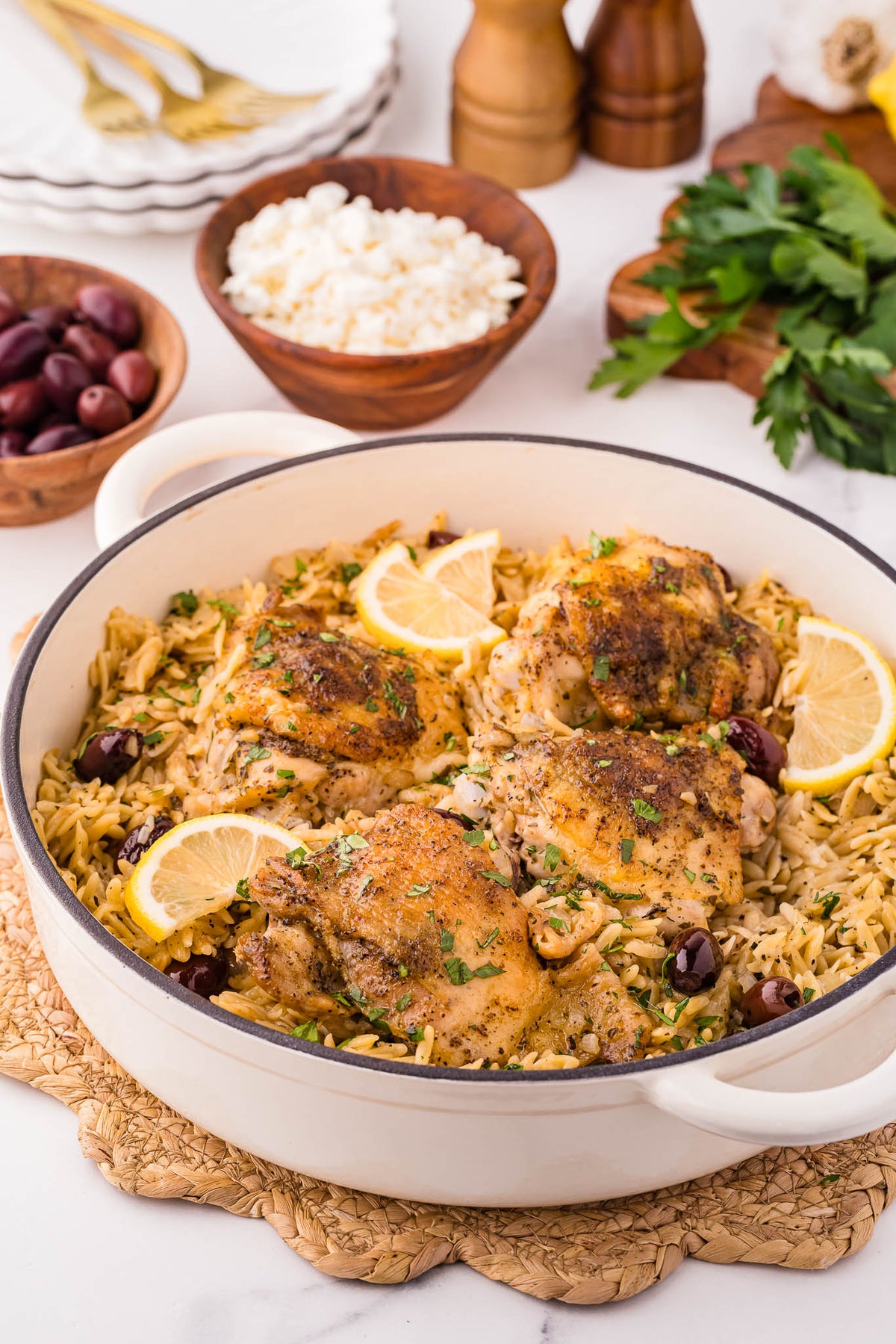One Skillet Greek Chicken Thighs & Orzo
