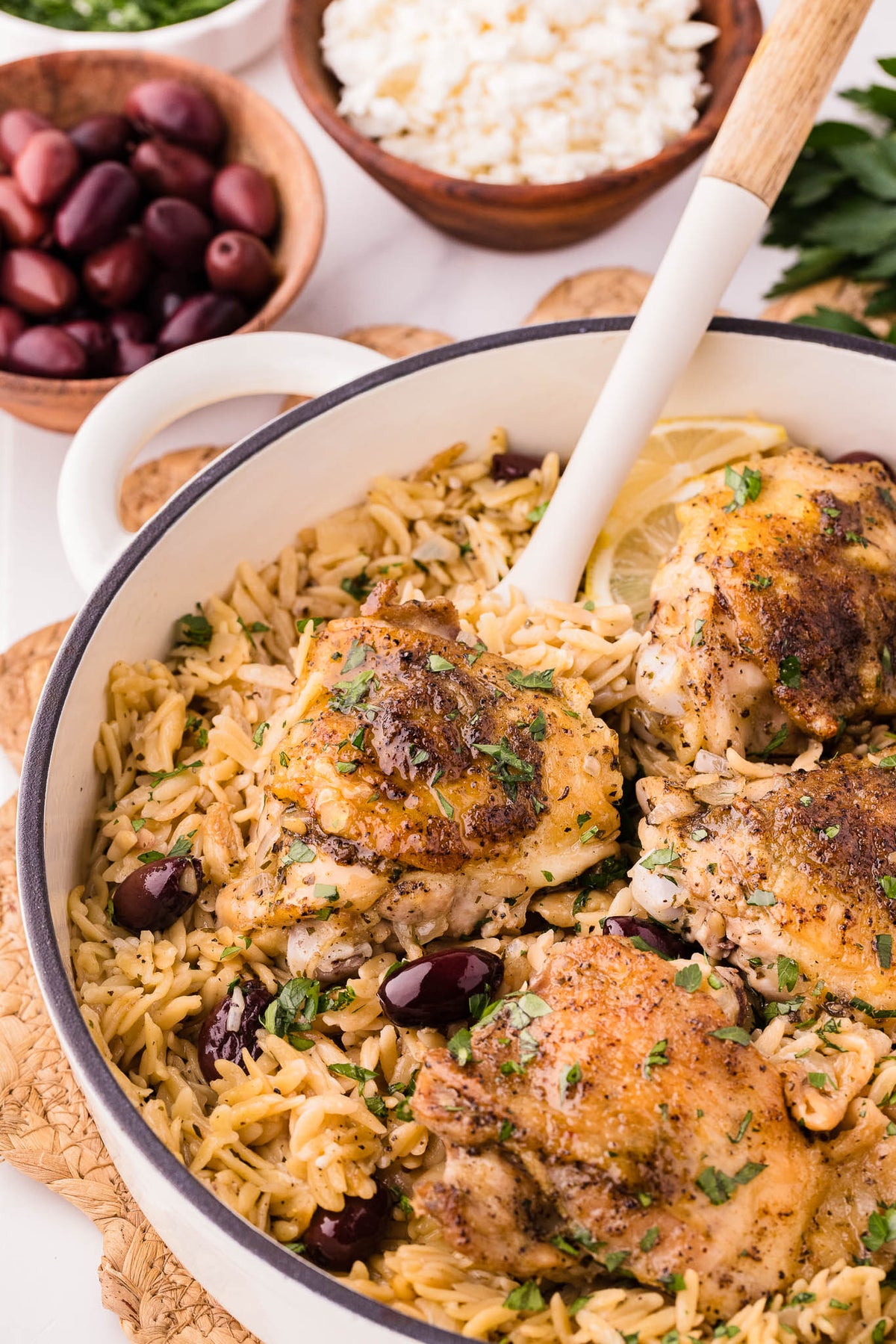 One Skillet Greek Chicken Thighs & Orzo