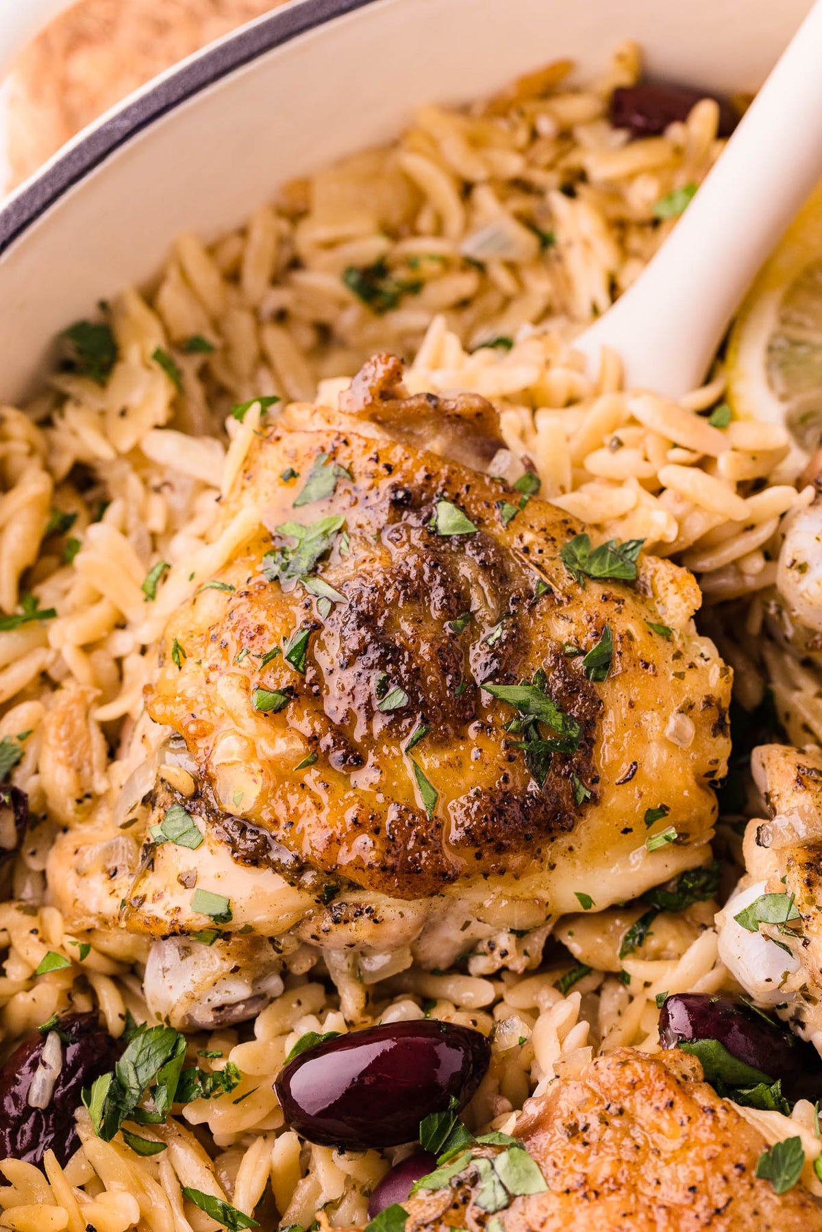 One Skillet Greek Chicken Thighs & Orzo