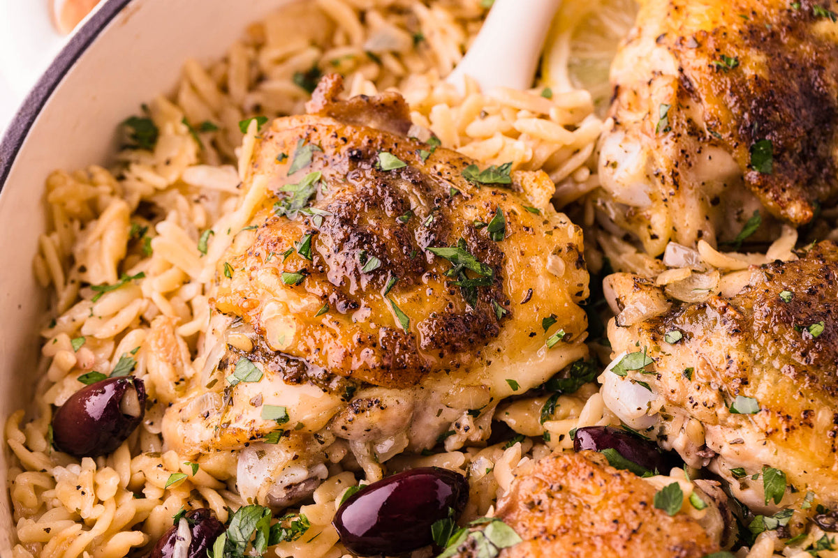 One Skillet Greek Chicken Thighs & Orzo