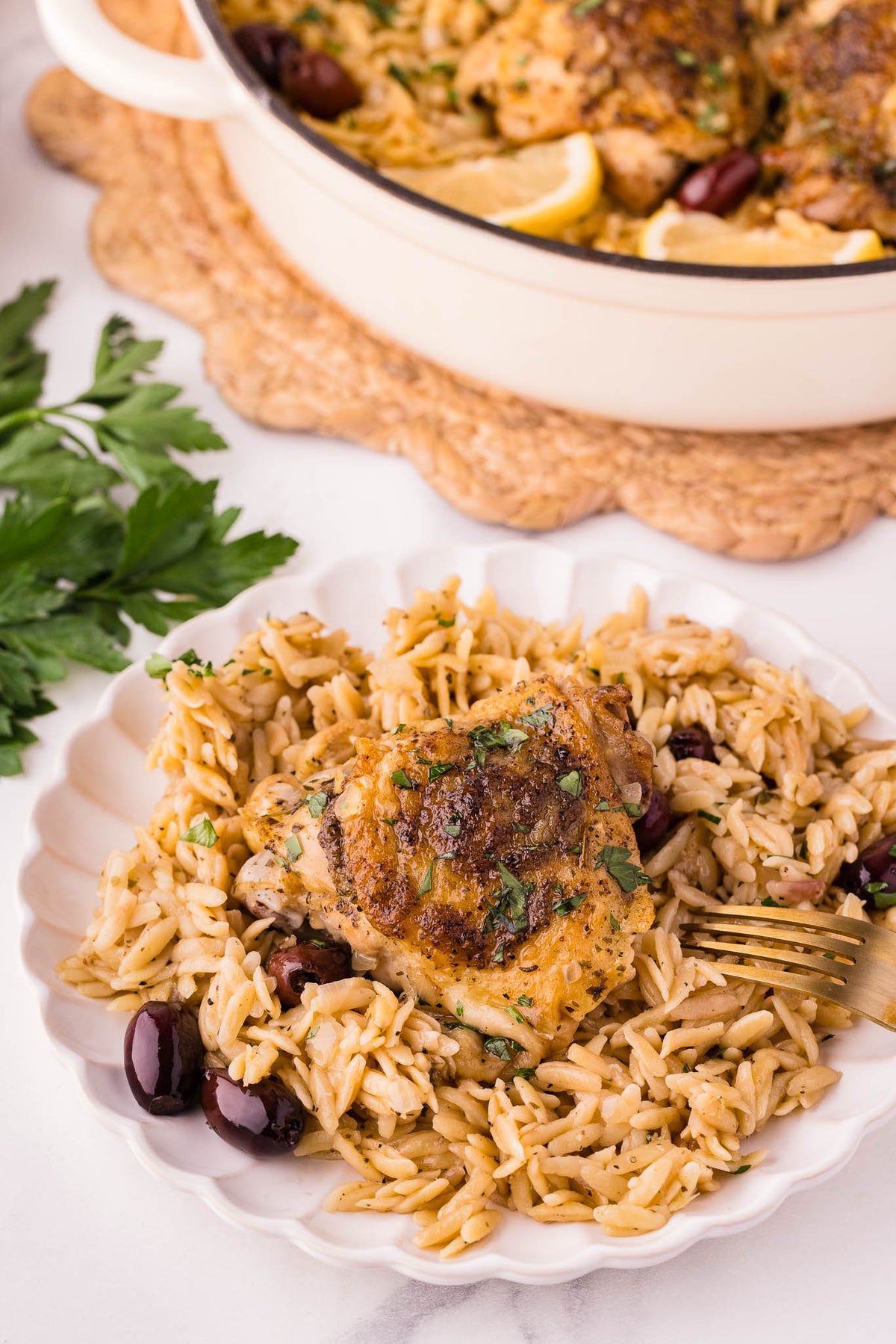 One Skillet Greek Chicken Thighs & Orzo