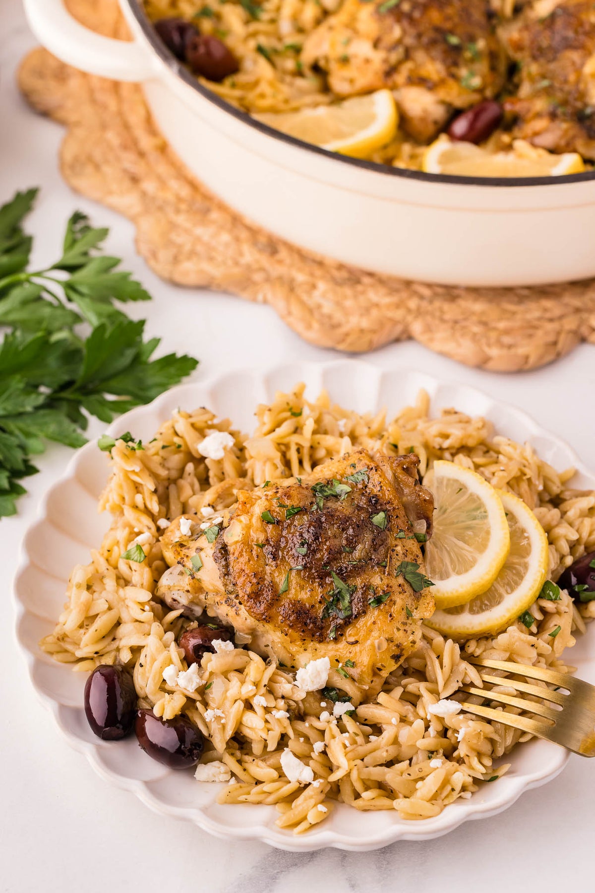 One Skillet Greek Chicken Thighs & Orzo