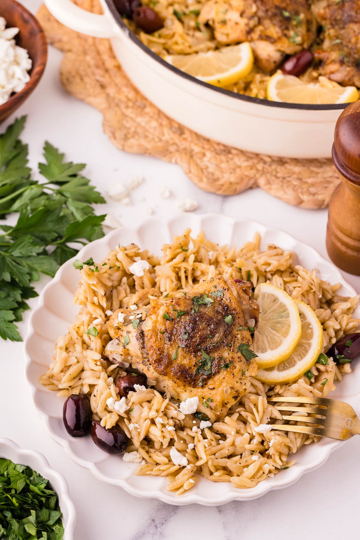 One Skillet Greek Chicken Thighs & Orzo