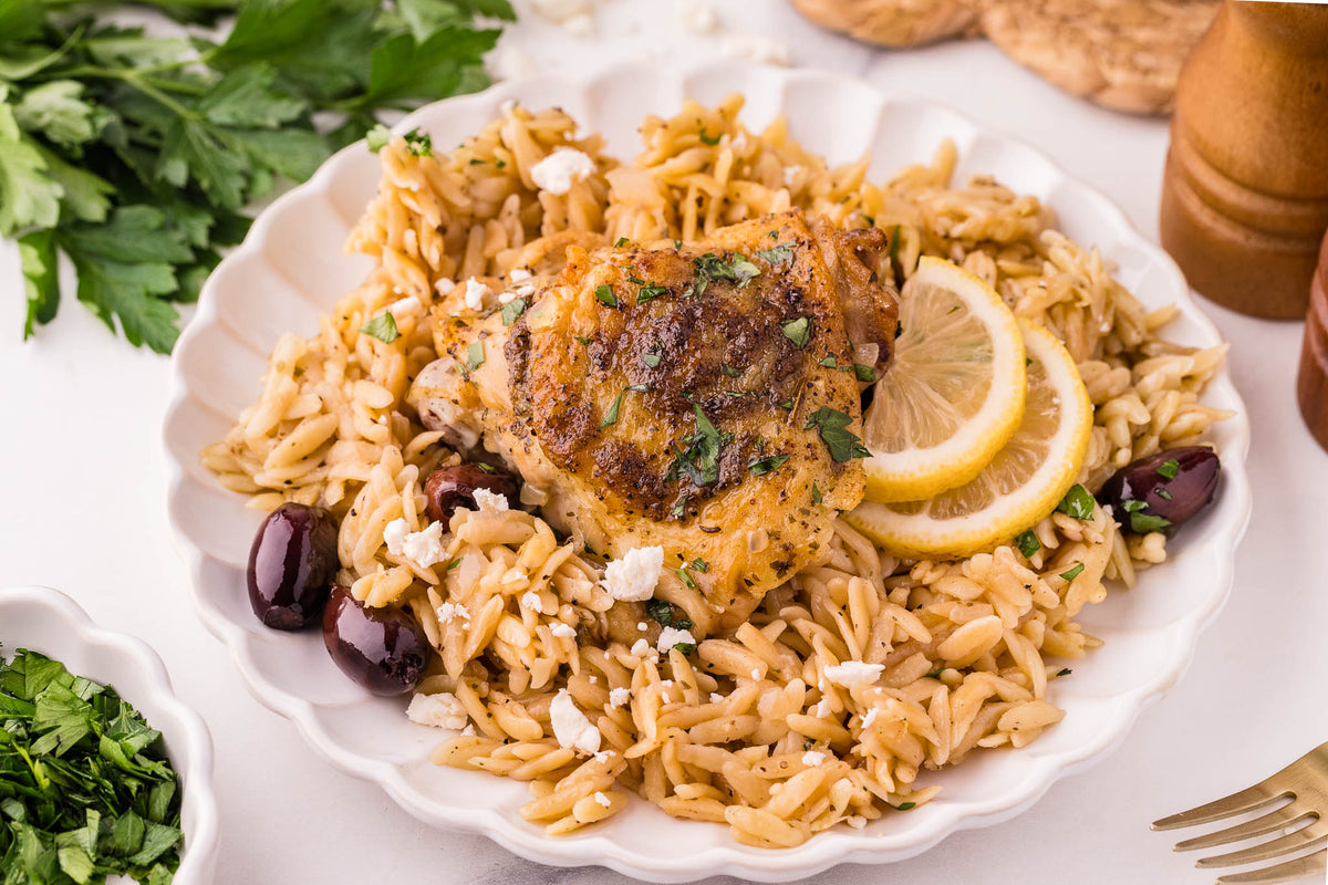 One Skillet Greek Chicken Thighs & Orzo