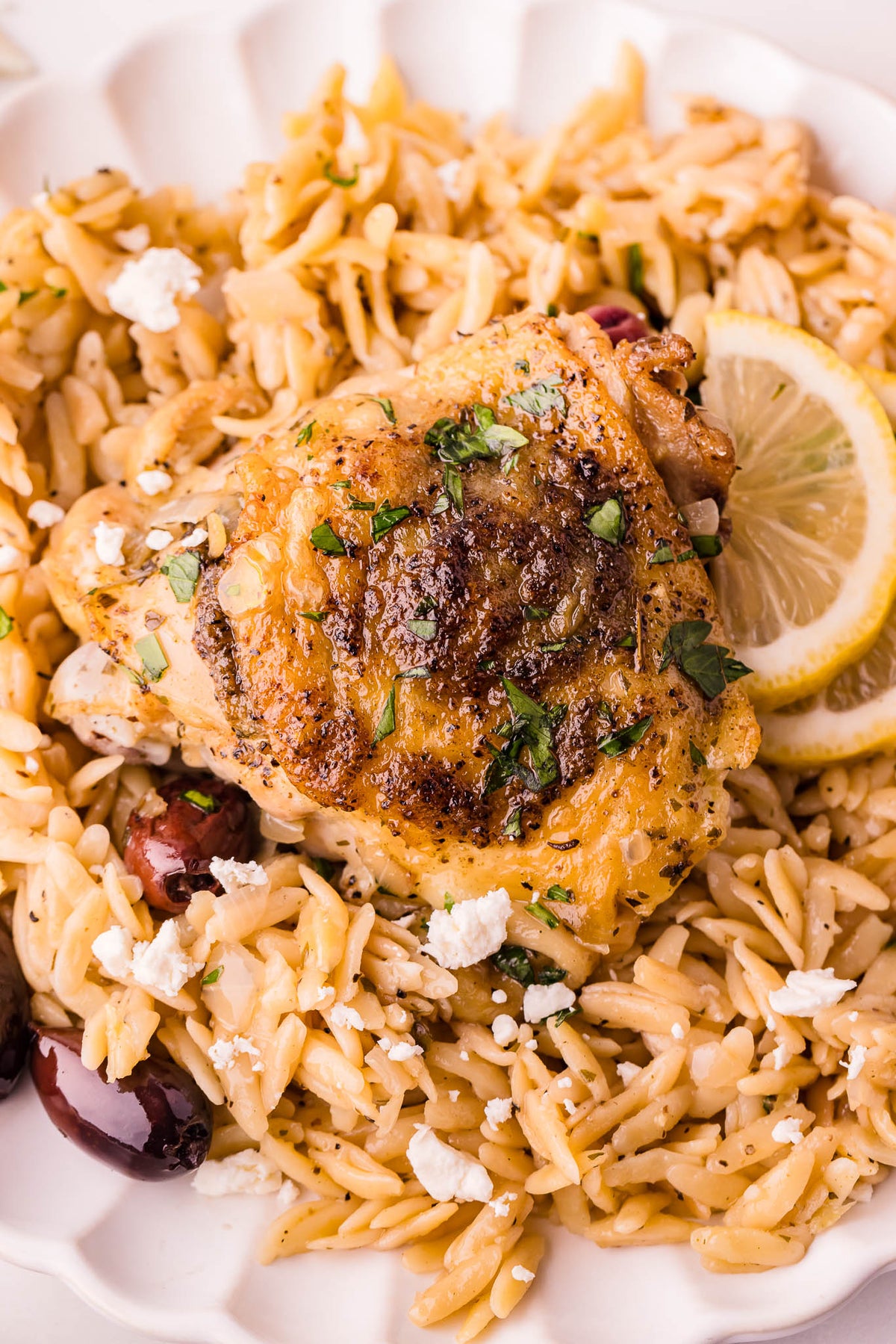 One Skillet Greek Chicken Thighs & Orzo