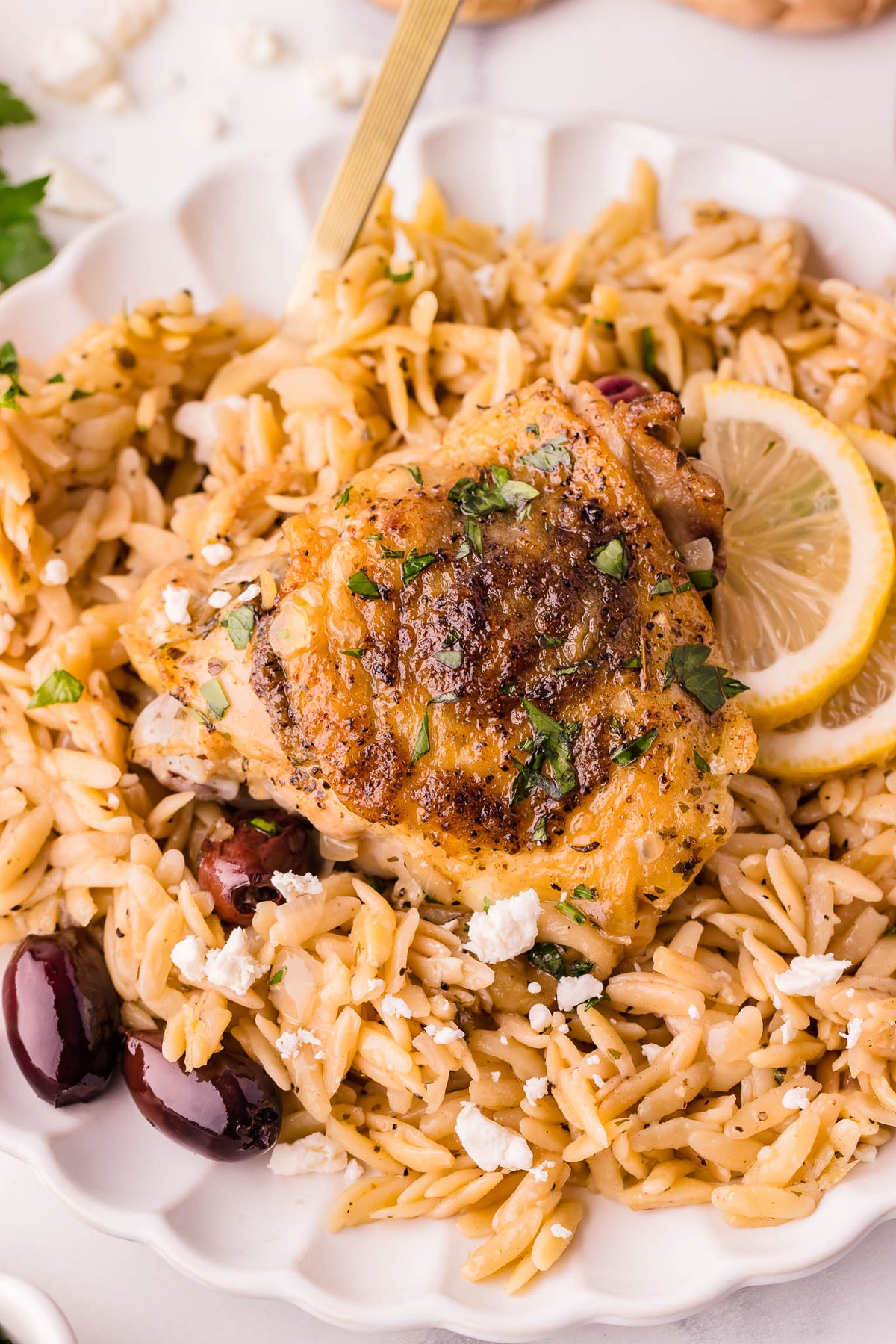 One Skillet Greek Chicken Thighs & Orzo