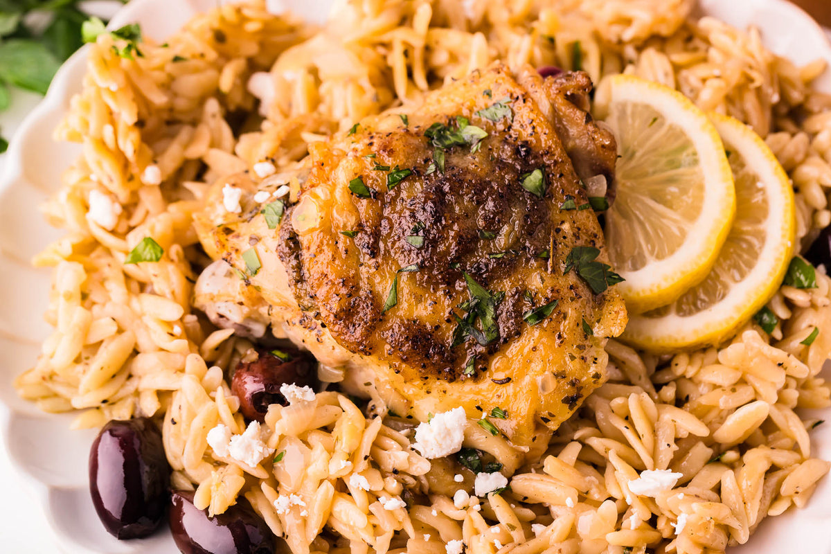 One Skillet Greek Chicken Thighs & Orzo