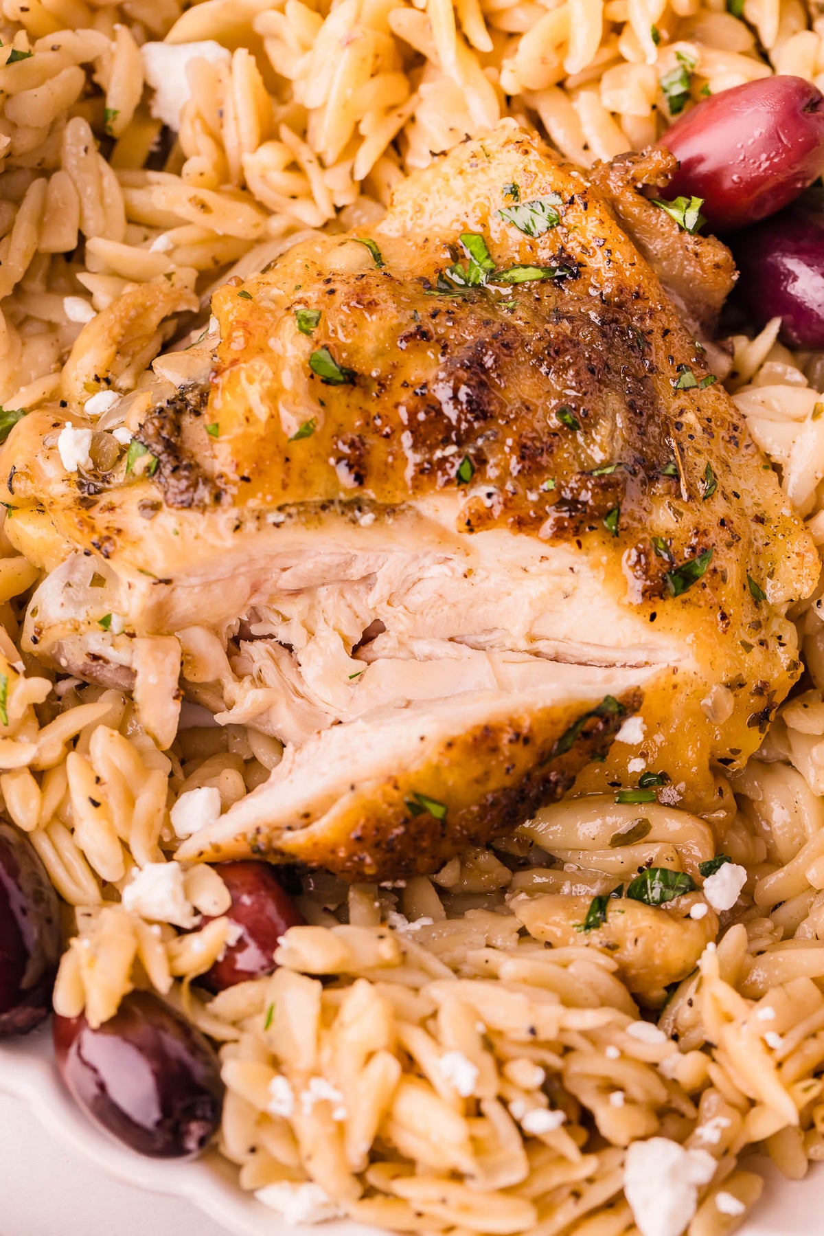 One Skillet Greek Chicken Thighs & Orzo