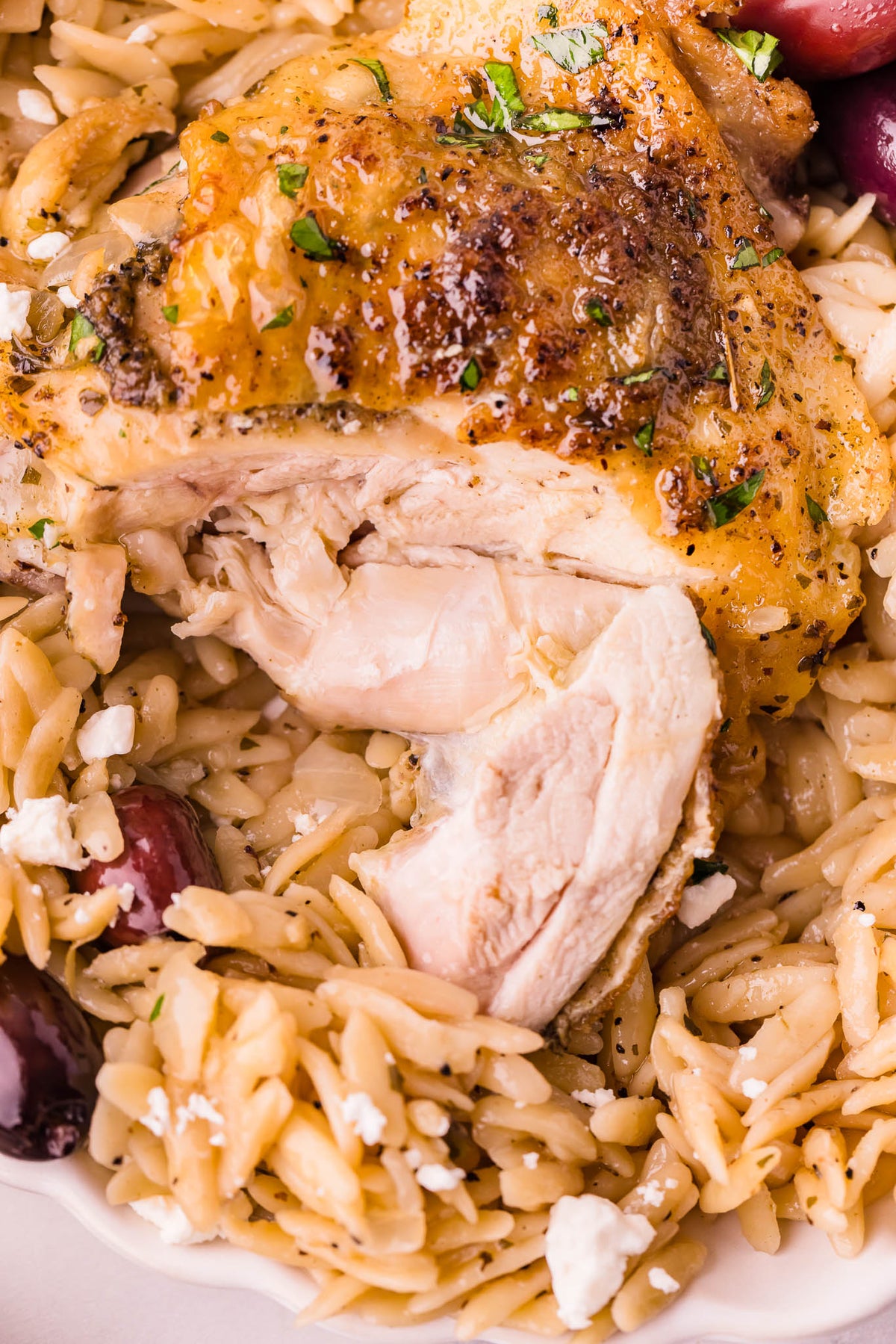 One Skillet Greek Chicken Thighs & Orzo